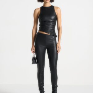 Leather Asymmetric Tacked Racer Top - Black