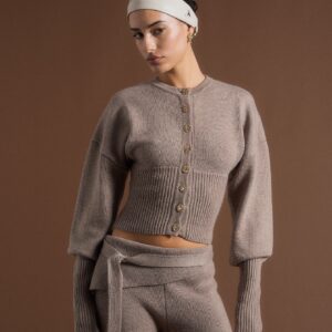 Knitted Cinch Waist Cardigan - Taupe