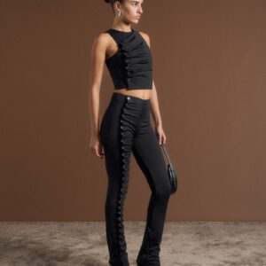 Eyelet Detail Tacked Leggings - Black